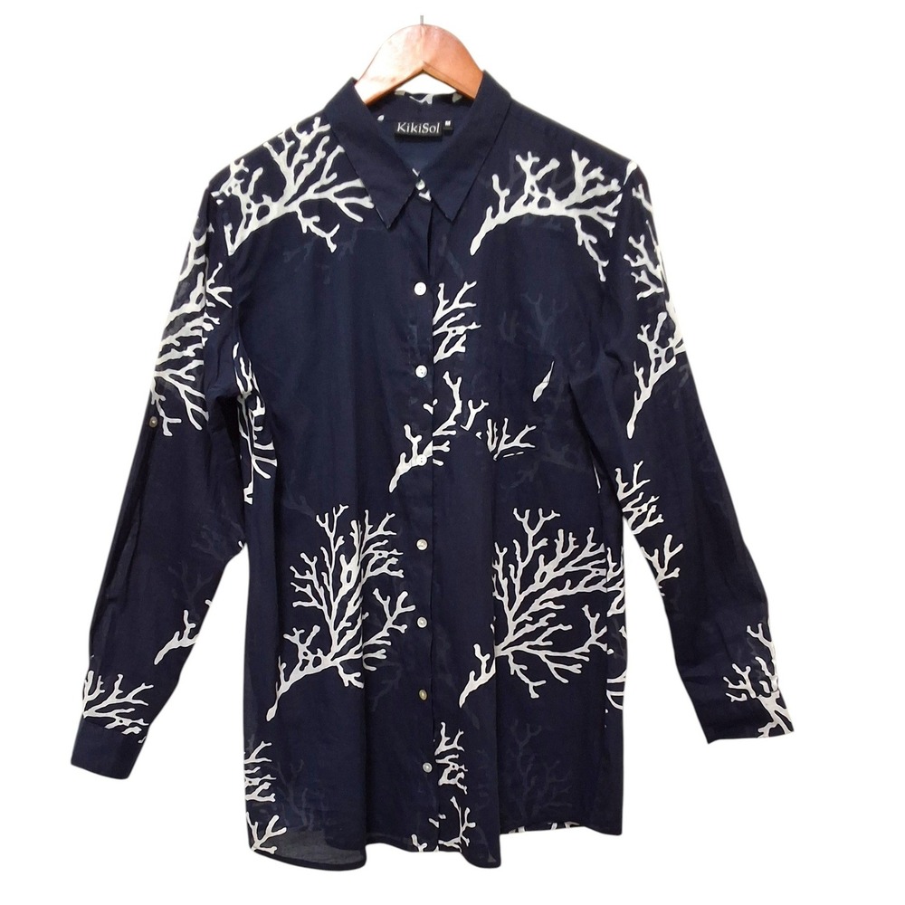 KikiSol Womens Navy Blue White Coral Reef Print 100% Cotton Button Down Shirt M